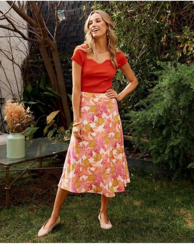 Polin et moi Midi skirt Flowers Dane LRX4D319 Clothing Salmon
